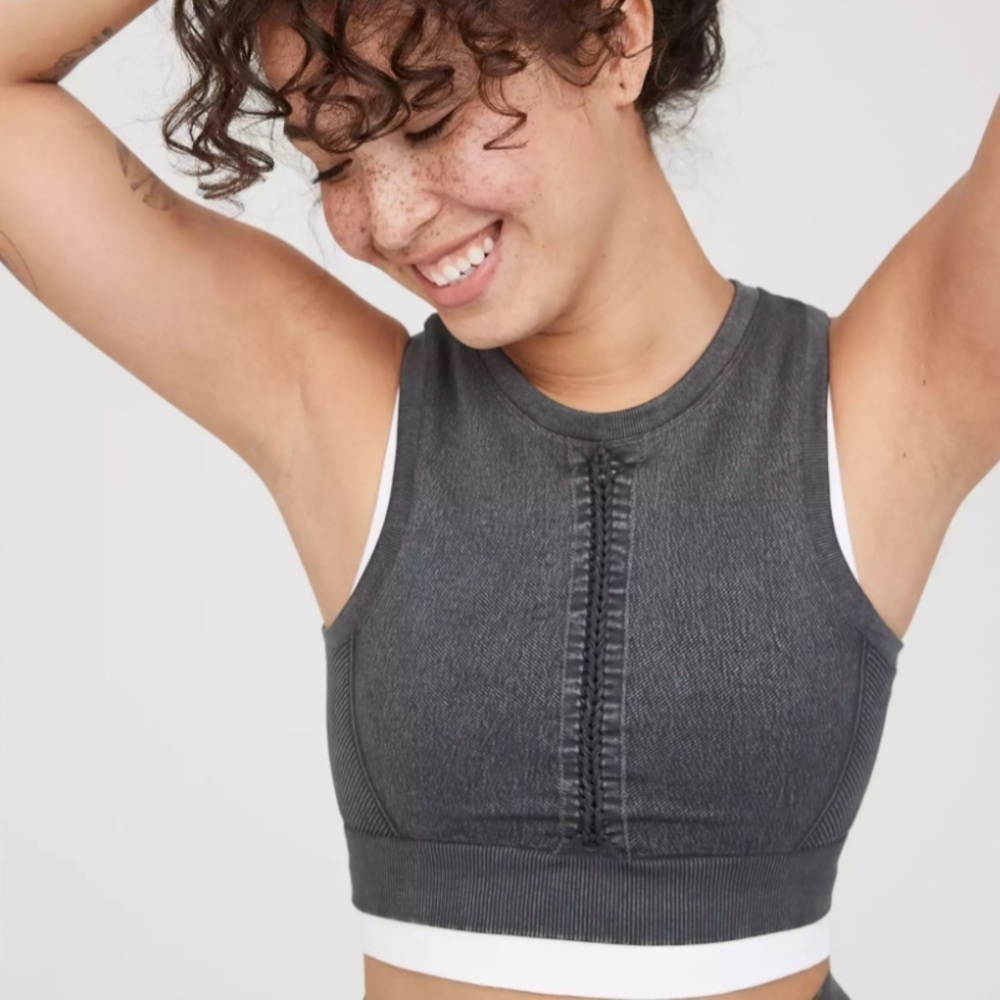 NEW Offline by Aerie Macrame Seamless Longline Sports Bra In Grey